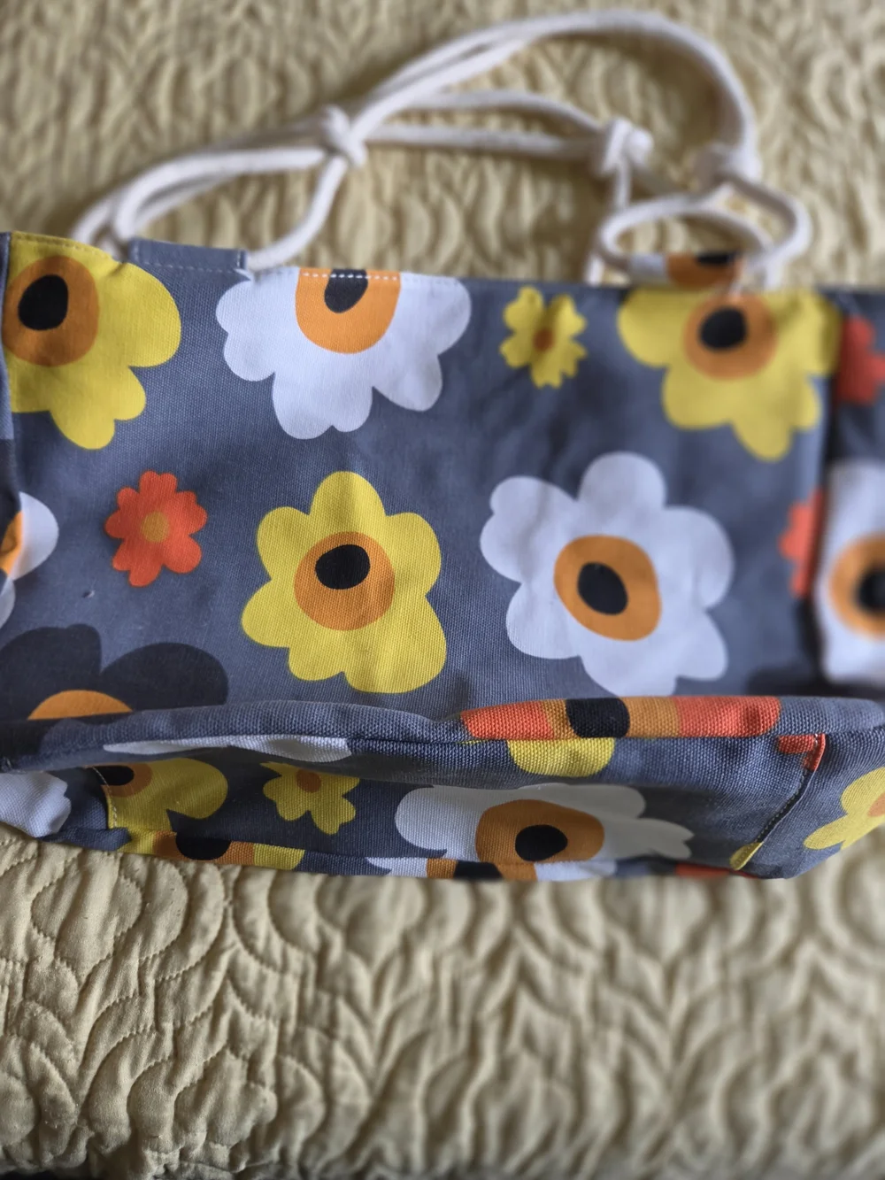 Farmhouse-Print Floral Rope-Handle Satchel in Yellow & Blue